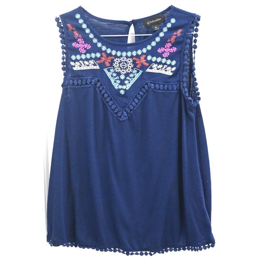 G Collections Womens Sleeveless Blouse With Small Pom-Pom Balls on Edges Size Me